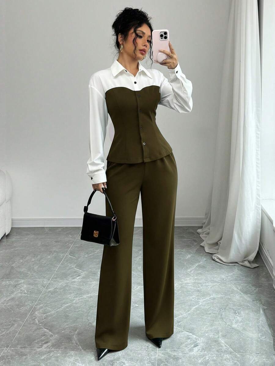 Rafferiza 两件套撞色修身衬衫和裤子 - 軍綠色 - 查看 1
