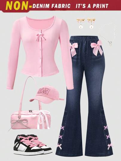 Sparklyn Set de 2 piezas con pantalón acampanado de punto con estampado de mezclilla y decoración de lazo elegante + top de camiseta ajustada de encaje, adecuado para ropa de primavera/otoño