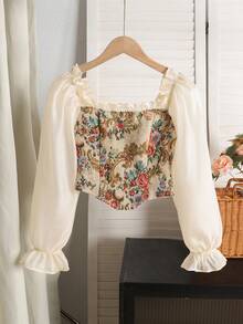 SHEIN Blouse décontractée pour préadolescentes avec manches bouffantes, patchwork floral sur fond unicolore. Blouse à manches longues avec motif floral, col carré pour préadolescentes et adolescentes. Blouse fleurie pour préadolescentes et adolescentes