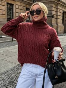 Vivie Lora Suéter de cuello alto de punto grueso de unicolor y ajuste holgado con mangas largas, para otoño/invierno, Año Nuevo - Burdeos - Ver 5