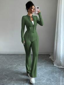 INAWLY Bộ 2 món áo khoác lửng bó sát có khóa kéo, cổ bẻ và quần ống loe cho nữ - xanh quân đội - Xem 4