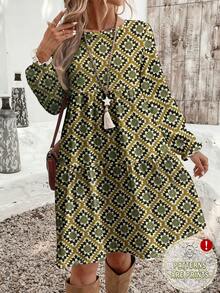 EMERY ROSE Rochie lungă de damă, elegantă, cu imprimeu geometric retro, mărime plus, toamnă/iarnă - Multicolor - Vizualizare 1