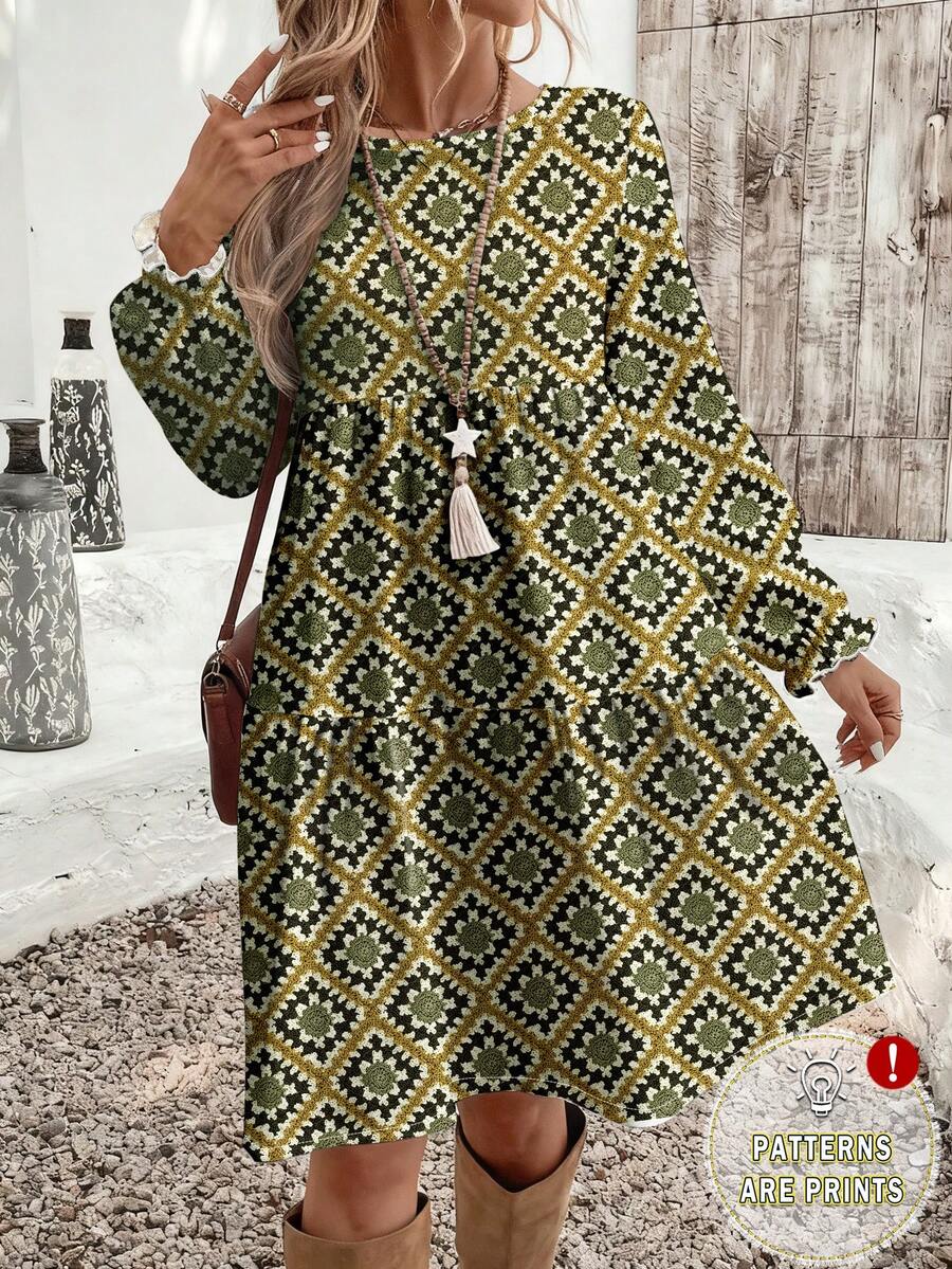 EMERY ROSE Rochie lungă de damă, elegantă, cu imprimeu geometric retro, mărime plus, toamnă/iarnă - Multicolor - Vizualizare 1