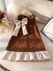 SHEIN Elladie kids Young Girl Summer New Pearl Bow Sleeveless A-Line Hem Ruffle French Style Fashionable Elegant Princess Dress - Brown - View 3