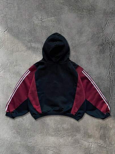 Street Life Men's Patchwork Contrast Color Hoodie, Loose Cropped Style, Fall