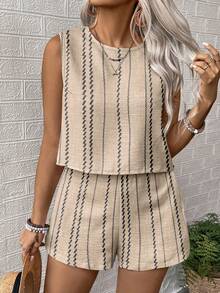 Linhara Plus-Size Ladies' Woven Casual Summer Two-Piece Set - Apricot - View 5