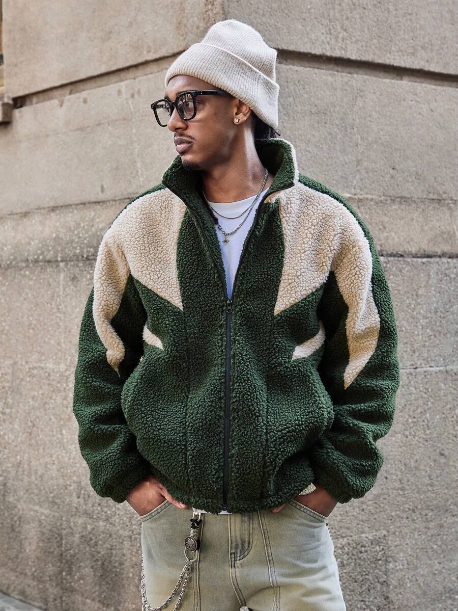 GALLERY FADE 男士撞色拼接立领拉链休闲抓绒长袖外套，秋冬款 - 軍綠色 - 查看 1