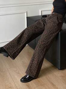 DAZY 女士豹纹口袋直筒宽松休闲牛仔裤 - 棕色 - 查看 6