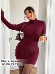 Lounesse Plus Size Women's High Neck Textured Long Sleeve Bodycon Dress,Elegant Burgundy Autumn Knit Red Wine Dress For Night Out Club,Wedding,Valentine's Day - Burgundy - View 1