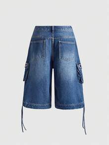 ROMWE J-Fashion Blugi Capri Cargo cu Decor Lanț la Modă pentru Femei - Spălare medie - Vizualizare 2