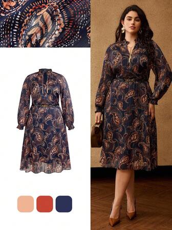 MOTF PREMIUM VESTIDO DE MANGA LARGA CON ESTAMPADO DE PAISLEY BOHEMIO CHIC PARA TALLAS GRANDES DE OTOÑO/INVIERNO