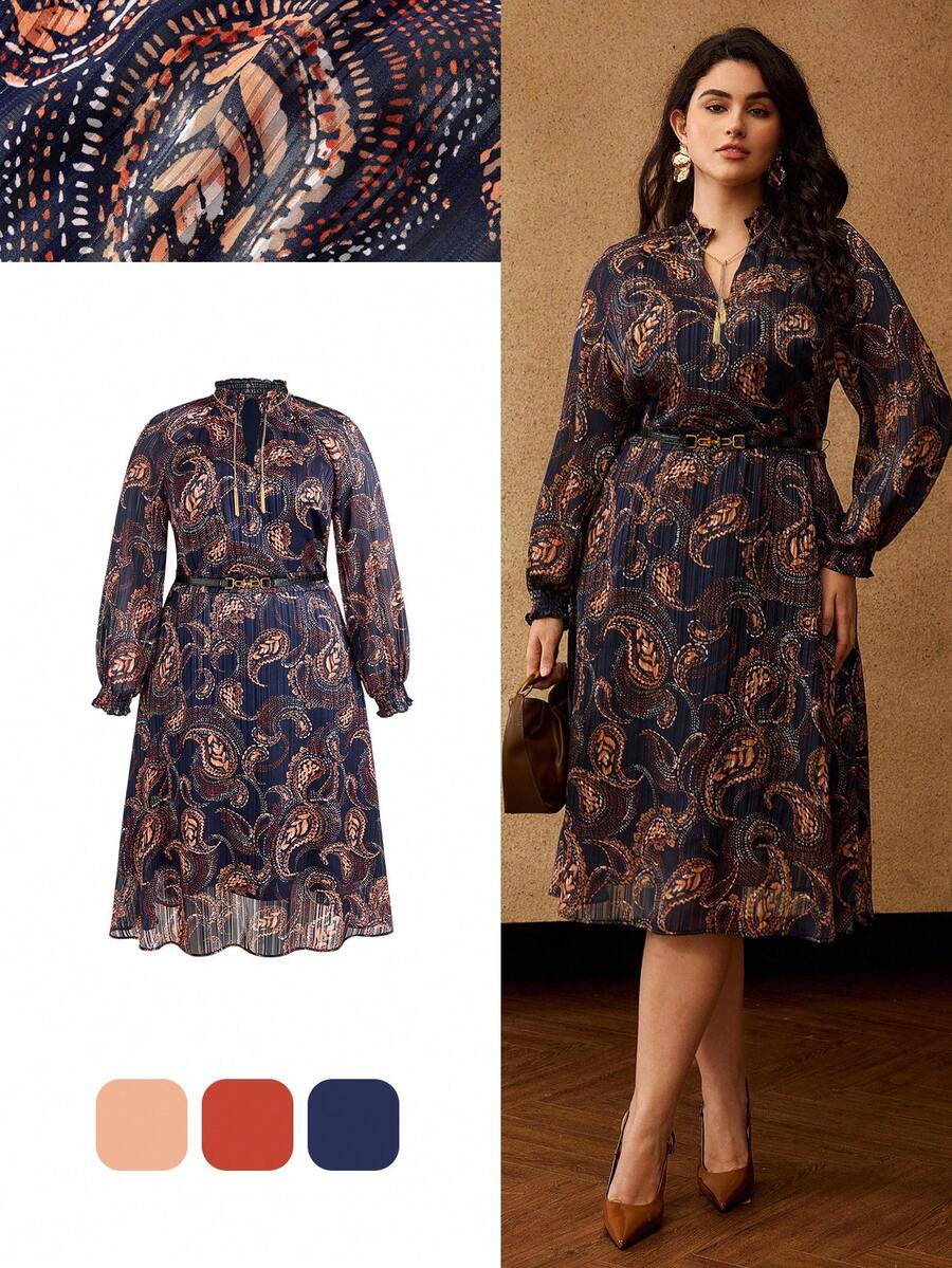 MOTF PREMIUM PLUS SIZE AUTUMN/WINTER BOHEMIAN CHIC PAISLEY PRINT LONG SLEEVE DRESS - Multicolor - View 1