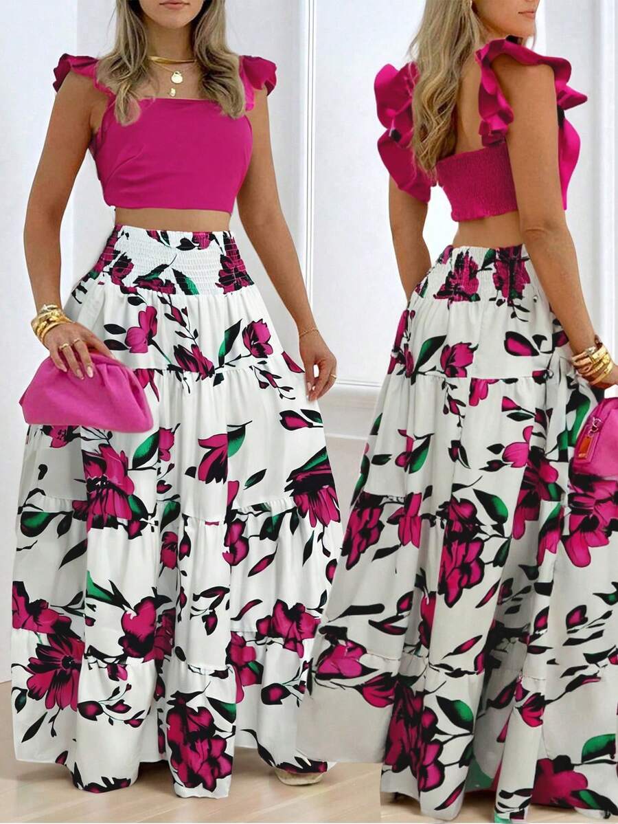 Xyvia Bộ 2 món đồ thời trang gợi cảm cho nữ, áo crop top bèo nhún và chân váy in hoa, trang phục đi nghỉ - Nhiều màu - Xem 1