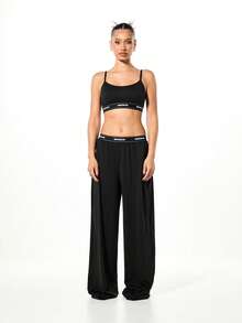 SUMWON WOMEN Women Branded Elastic Waistband Two Piece Lounge Set Wide Leg Pants Crop Top Casual Comfort Wear Loungewear - Black - View 1