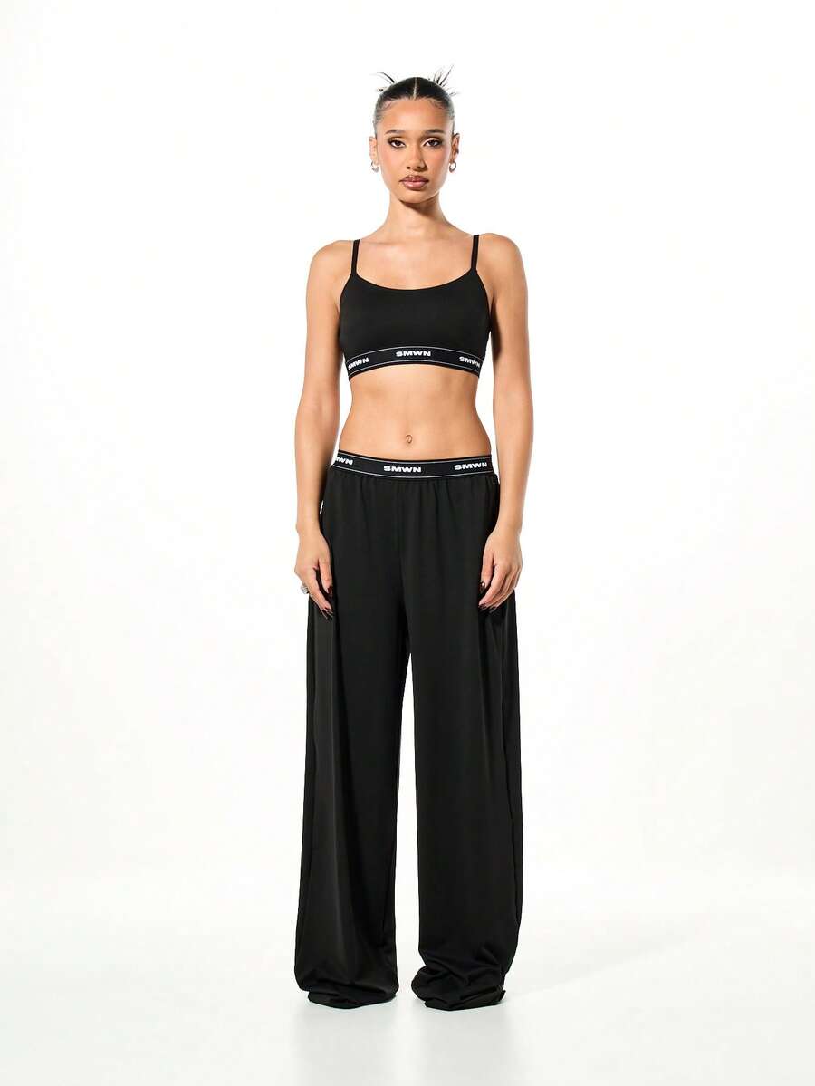 SUMWON WOMEN Women Branded Elastic Waistband Two Piece Lounge Set Wide Leg Pants Crop Top Casual Comfort Wear Loungewear - Black - View 1