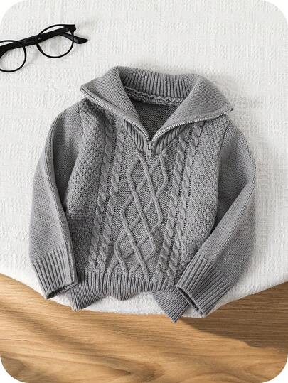 SHEIN 男婴/女婴秋冬学院风复古纹理嵌花针织纯色柔软立领拉链长袖套头衫，柔软舒适，适合上学、居家、外出、新年