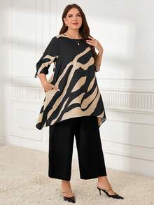 Miaspire 2 件加大时尚奶奶秋装 Curvethanksgiving 女士服装尺码休闲撞色不对称下摆上衣和裤子套装，秋季 - 卡其色 - 查看 5