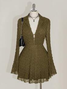 SHEIN ICON Plus Size Black Shirt Collar Bell Sleeve Knit Dress, Punk, Music Festival Outfit - Army Green - View 1