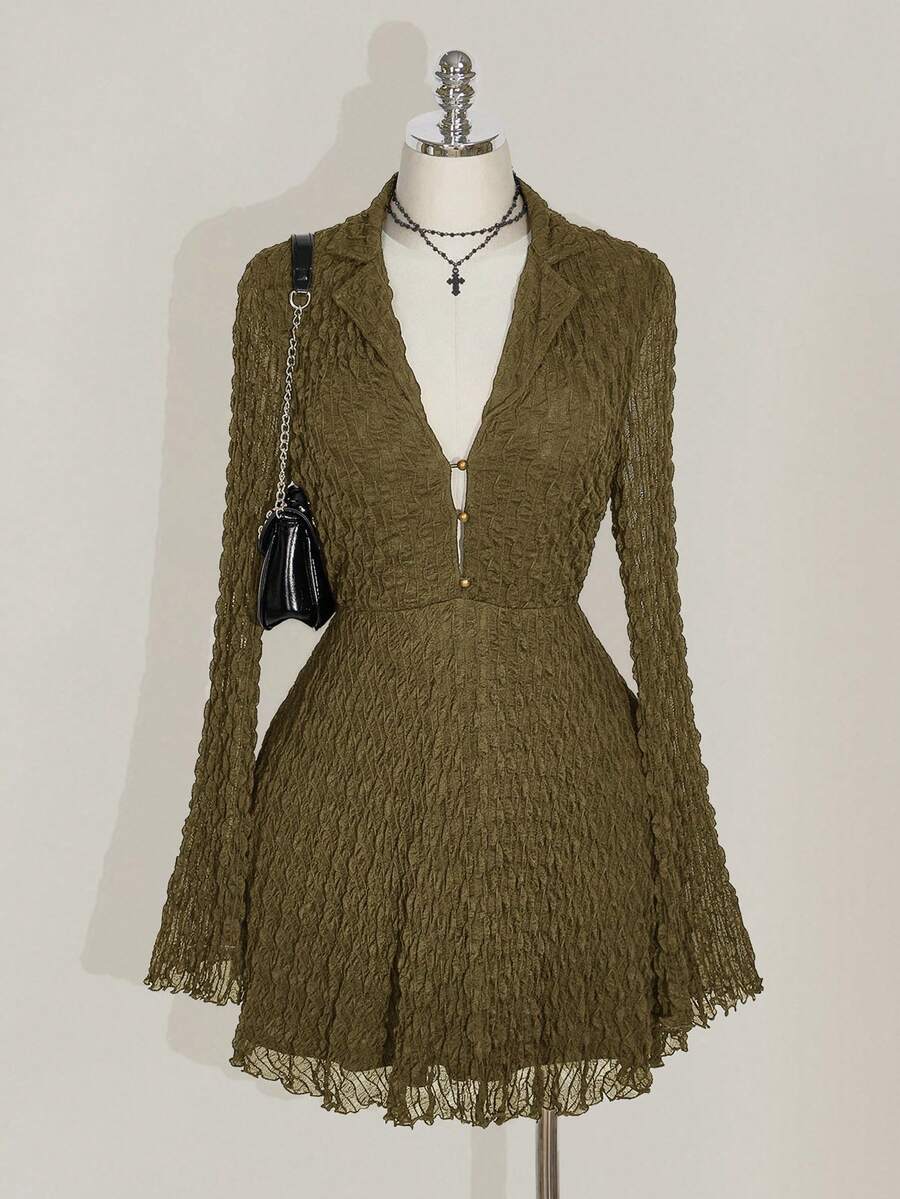 SHEIN ICON Plus Size Black Shirt Collar Bell Sleeve Knit Dress, Punk, Music Festival Outfit - Army Green - View 1