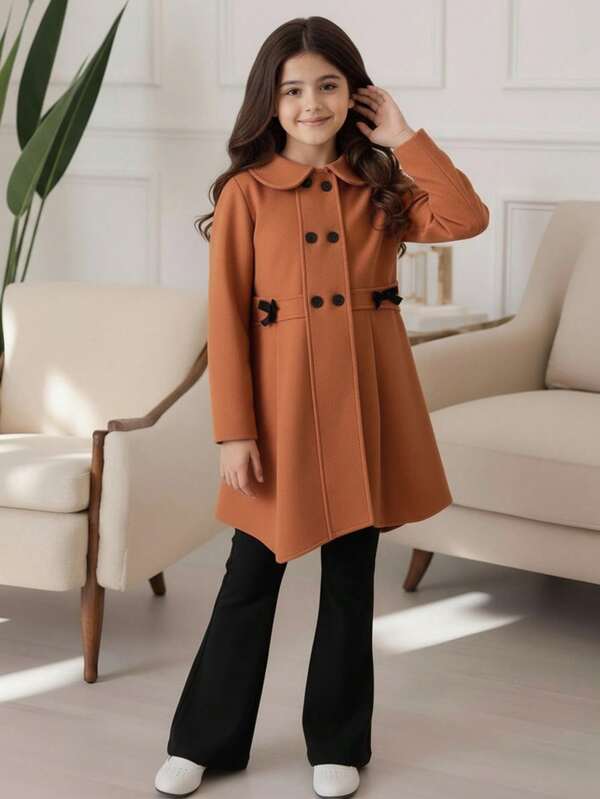 Tween Girl' Grey Long Double-Breasted Bow Decor Overcoat,Holiday,Summer,Travel Fall Winter