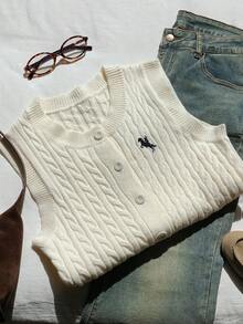 SHEIN EZwear 杏色女士休闲针织无袖背心，骑士图案，单排扣，秋冬/圣诞/新年女式毛衣背心 - 杏色 - 查看 7