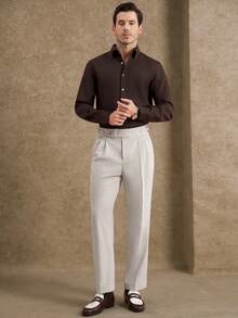 Core Aspect Men's Pleated Solid Color Linen Pants With Belt Loops, Straight Leg Casual Business Cropped Trousers,Gentleman's British Linen Neapolitan Casual Straight-Leg Pants, High-Waisted Adjustable Nine-Inch Suit Trousers,,Old Money Style,Vintage Gentleman, British Gentleman Style, Business Casual Style, Formal,Old Money Style,Vintage Gentleman, British Gentleman Style, Business Casual Style, Formal - Beige - View 6