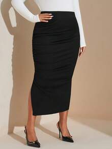 SHEIN Tall CURVE Plus Size High Waist Ruched Split Thigh Skirt - Black - View 3