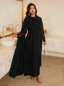 Firerie Đầm xòe cổ tròn đính lưới sequin sang trọng cho nữ cỡ lớn - màu đen - Xem 7