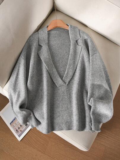 CosyJoli Suéter de punto elegante y sofisticado con cuello de blazer de estilo francés casual y diseño 3D para mujeres de talla grande