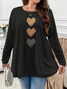 Firerie Ombre Heart Texture Print Casual Minimalist Round Neck Plus Size T-Shirt, Autumn/Winter - Multicolor - View 1