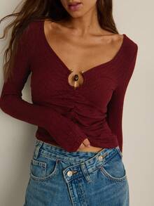 Nöista Women's Plum-Rib Ruched Keyhole Top,Burgundy Autumn Seksi Chic Night Out,Long Sleeve Flattering Layer For Teacher, Or Winter Date-Night Look - Red - View 8