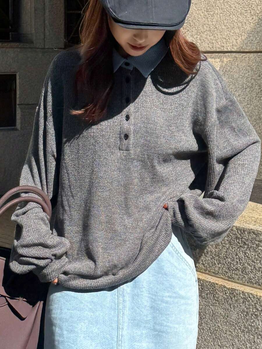 FRIFUL Women's Contrast Color Shirt Collar Button Dropped Shoulder Long Sleeve Loose Casual Versatile Sweatshirt, Autumn/Winter