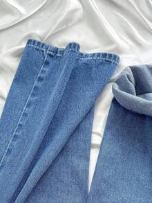 SHEIN Jeans casuales rectos y sueltos con cintura elástica para niñas preadolescentes - Azul lavado medio - Ver 7