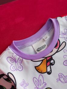 THE POWERPUFF GIRLS X SHEIN 2pcs/Set Young Girl Cute Cartoon Blossom, Bubbles, Buttercup Pattern Crew Neck Long Sleeve Top And Leggings Knit Snug Fit Pajama Set - White - View 4