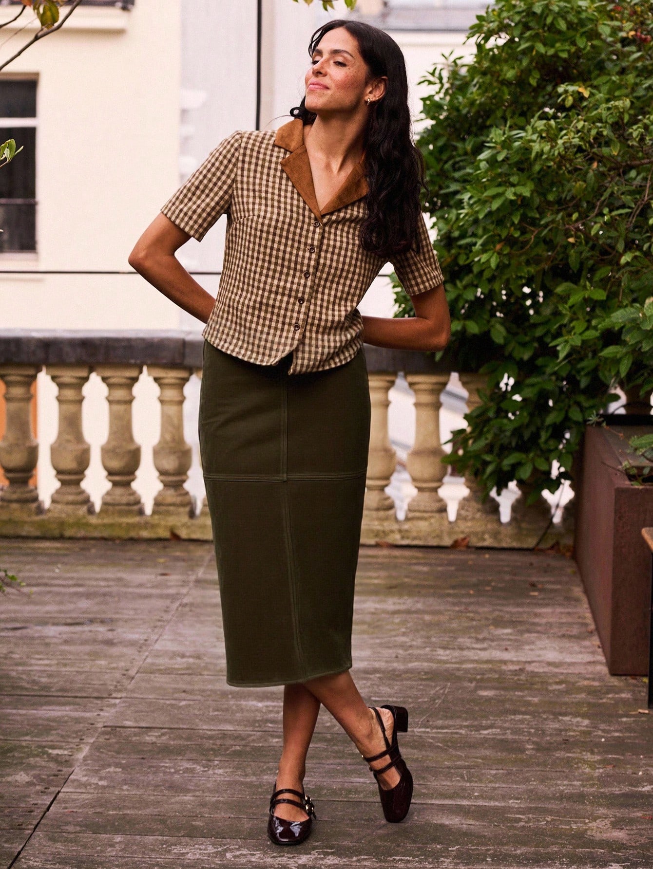 秋冬 フェイクスエード チョコレートブラウン ミディ丈 ペンシルスカート