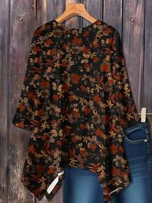 EMERY ROSE Kaos Lengan Panjang Longgar Kasual Minimalis Motif Daun Vintage, Cocok untuk Musim Gugur/Musim Dingin, Ukuran Besar - MultiWarna - View 6