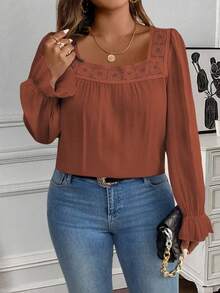 EMERY ROSE Plus Size Solid Color Square Collar Casual Long Sleeve Shirt - Redwood - View 6