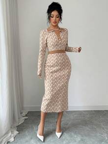 SHEIN Elenzya Women's Elegant Fitted Jacquard Patterned Long Sleeve Sweater Dress, Autumn/Winter - Khaki - View 6