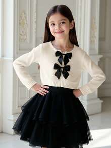 SHEIN Young Girl Bowknot Cardigan With Round Neck, Casual For Daily Wear, Autumn/Winter,Long Sleeve Tops, Elegant & Cute, High Quality, Warm & Soft, Versatile For Play, Daily Wear, School, Autumn & Winter,Back To School Season.College Style