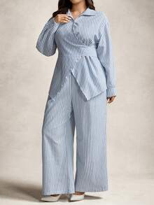 Zelara Conjunto de 2 piezas de top de manga larga y pantalones a rayas de estilo minimalista y talla grande, para uso casual diario - Azul y blanco - Ver 6