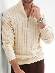 Manfinity Mode Men's Solid Color Front Half Zip Plain Long Sleeve Casual Pullover Sweater, For Friends, Fall/Winter