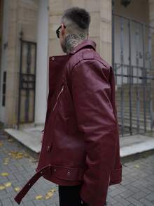 Artur Kramer Men's Red Zipper Designed Biker Vest With Collar, Long Sleeve - Burgundy - View 5