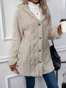 SHEIN LUNE 女士休闲常规款连帽长袖单排扣毛绒外套，秋冬款 - 米色 - 查看 3