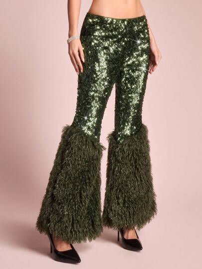 Pantalones de cintura baja con parches de piel sintética, bordado de lentejuelas y estilo de moda para mujer, para otoño/invierno