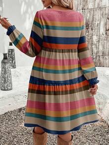 EMERY ROSE Casual Minimalist Autumn/Winter Colorblock Striped Pattern Loose Fit Crew Neck Plus Size Dress New Year Party - Multicolor - View 2