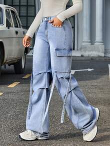 SHEIN Tall 女士休闲水洗阔腿工装牛仔裤 - 藍色 - 查看 5