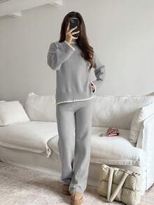 Flirla Women's Casual Dropped Shoulder Long Sleeve Sweater & Pants 2 Pieces Set - Grey - View 6