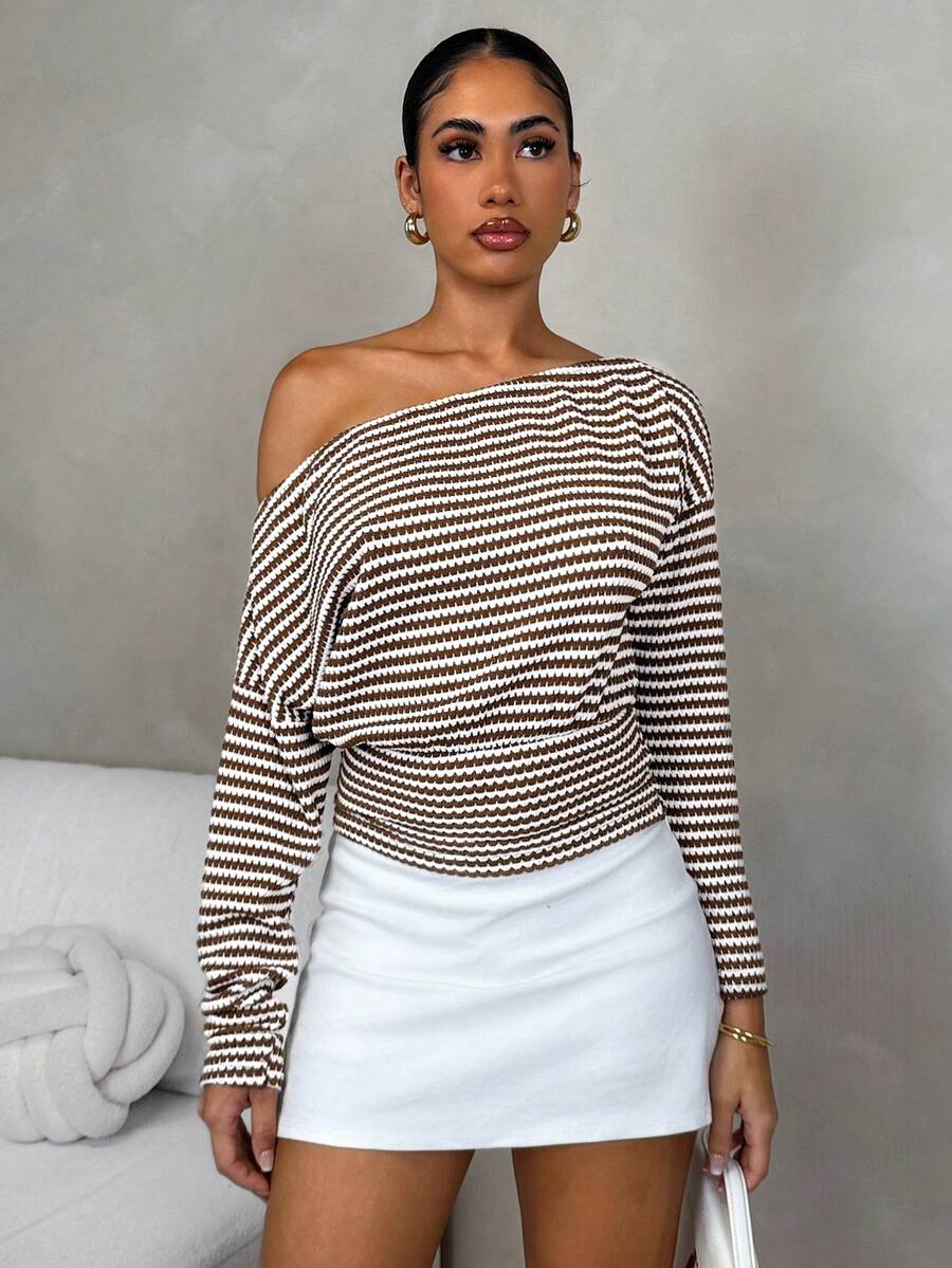 SHEIN Glamour Parisian Chic Brown And White Striped Women's Knit Top,Autumn Asymmetrical Shoulder Long Sleeve Fitted Sweater For Brunch,Elegant Casual T-Shirt - Brown - View 1
