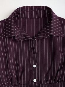 Sweetra 时尚撞色纹理纽扣修身腰部修身条纹领长袖女式衬衫 - 紫色 - 查看 5