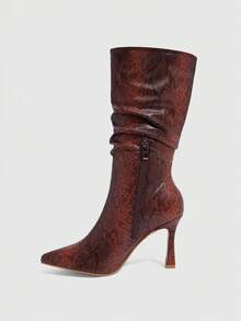 CUCCOO SZL بوت نسائية بكعب عالي مدبب من جلد الثعبان البني، بوت كاحل حفلات مثيرة مطوية للخروج